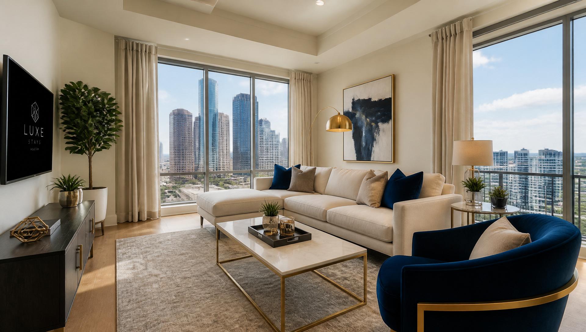 Luxury apartment interior with skyline views